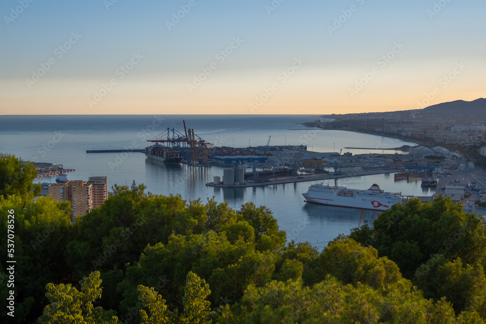 Aerial view of Malaga taken from Gibralfaro castle including port of Malaga,  Andalucia, Spain.