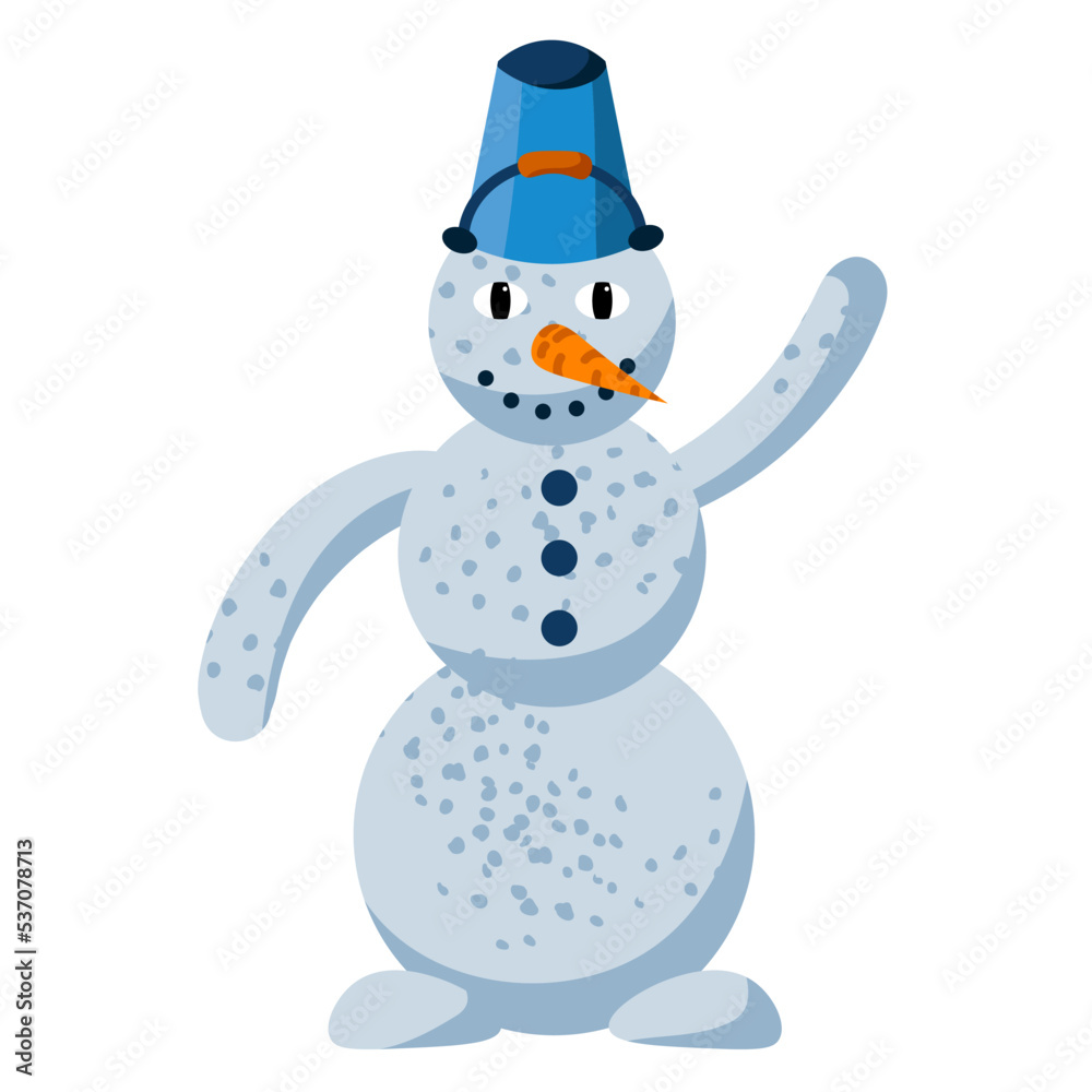 Cute happy snowman with carrot nose and bucket hat waving hello isolated on white background. Happy new year holidays. Cute happy snowman with carrot nose and bucket hat waving hello isolated on white background. Happy new year holidays.