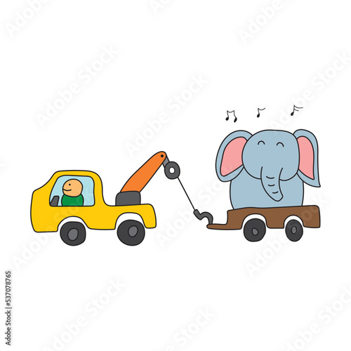 illustration vector graphic Kids drawing style funny cute tow truck towing an elephant in a cartoon style.