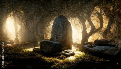 the tomb of a druidic queen, realistic, photo-realism, ambient lighting, soft lighting  photo