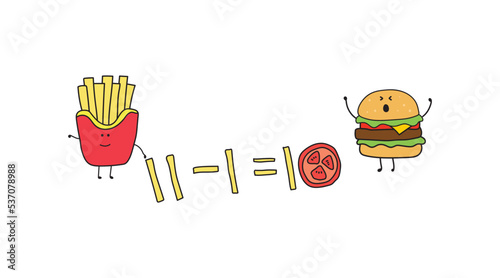 illustration vector graphic Kids drawing style funny cute french fries playing math with hamburger in a cartoon style.