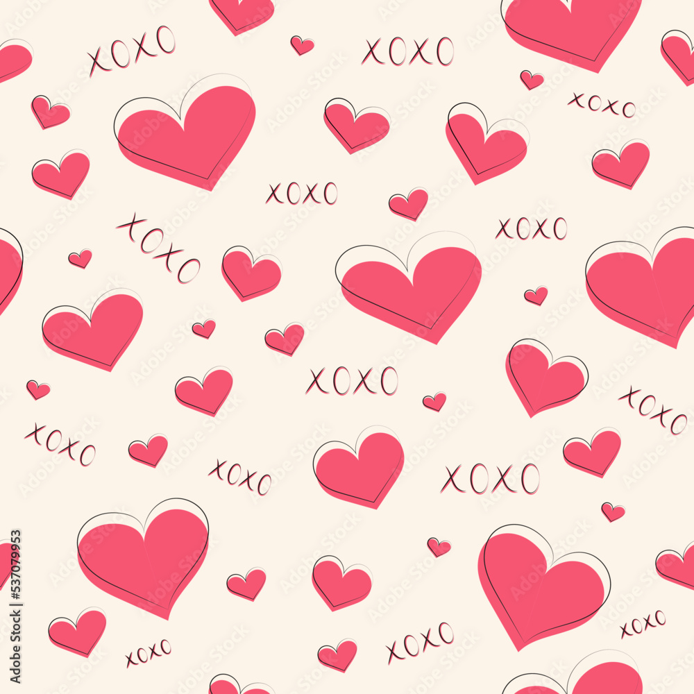 pattern with beige background and rose hearts in line art and words xoxo