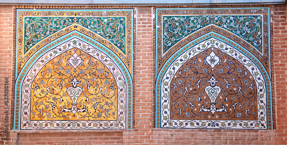 Brick wall with mosaics at the entrance to Shrine Ensemble, mausoleum and khaneghah of Sheikh Safi al-din, Ardabil, Iran