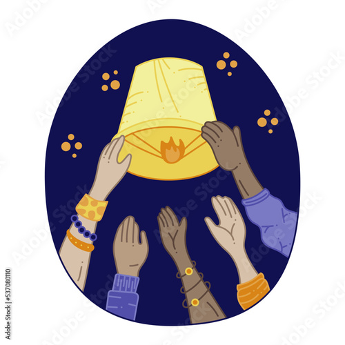 Hands and lantern1. The hands of people who launch a lit  lantern into the night sky. Color cartoon vector illustration.