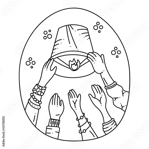 Hands and lantern2. The hands of people who launch a lit lantern into the night sky. White and black cartoon vector illustration.