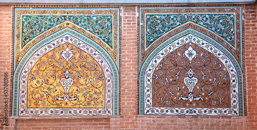 Brick wall with mosaics at the entrance to Shrine Ensemble, mausoleum and khaneghah of Sheikh Safi al-din, Ardabil, Iran