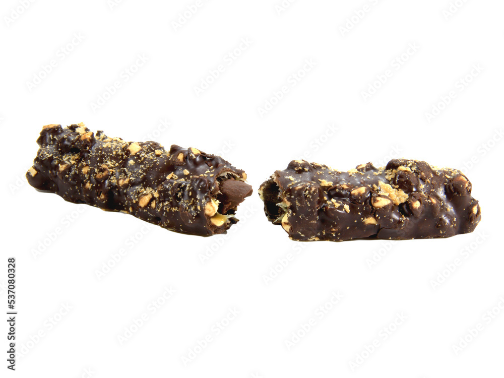 Chocolate coated bread broken into two pieces, sweet, crispy, delicious taste isolated on white background.Selection focus.