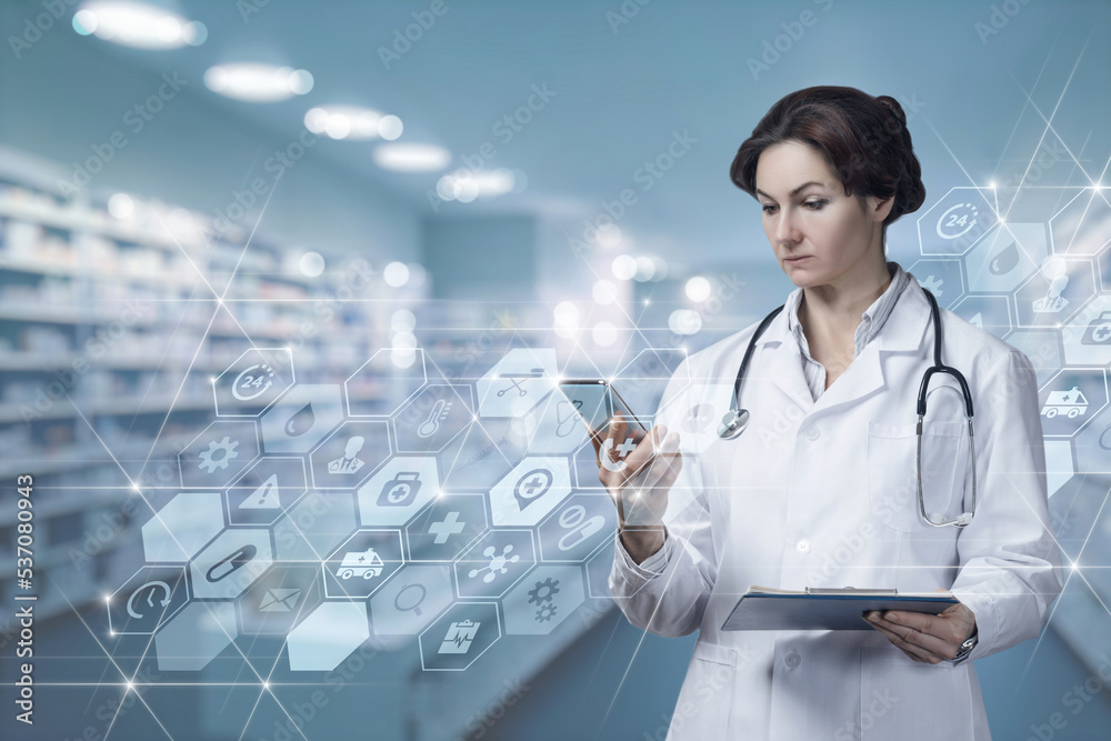 Doctor selects prescription drugs using a mobile device . Doctor selects prescription drugs using a mobile device .