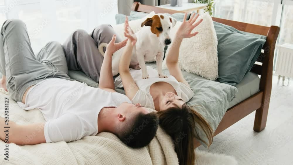 Young couple lying in the bed in the room with sunlight and peting cute small dog. Attractive woman and handsome man spend morning time together in the bed and smiling in their bedroom with pet doggy