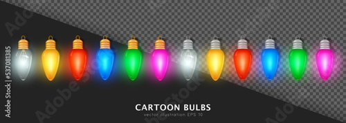 Set of 3d colorful Christmas garland lights. Glowing cyan, pink, green, red, yellow and blue bulbs with golden and silver metal. Realistic multicolored Xmas Garland lamps on transparent background