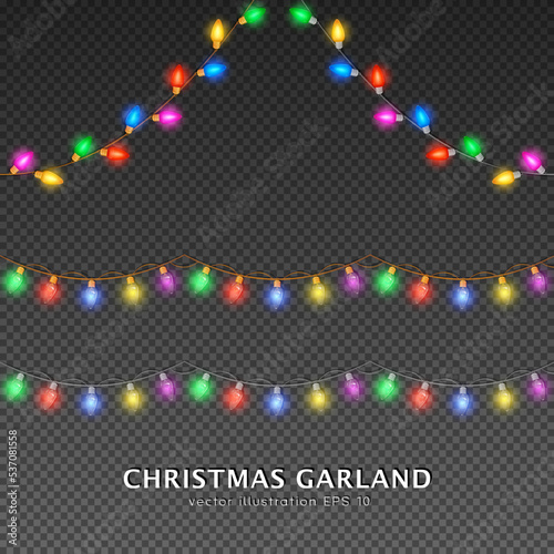 Set of four colorful corner and seamless Christmas garland lights. 3d glowing bulbs on silver and golden wire for decoration. Realistic festive Xmas Garlands string isolated on transparent background.