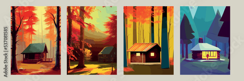 Autumn forest with wooden house on glade. Vector cartoon illustration of deep woods landscape with forester hut, grass and orange trees. Fall scene with cottage