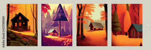 Autumn forest with wooden house on glade. Vector cartoon illustration of deep woods landscape with forester hut, grass and orange trees. Fall scene with cottage