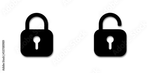 Black lock icons. Open and closed padlock icon. Black symbols lock and unlock on a white background with a shadow. For web site or mobile app. Vector illustration.