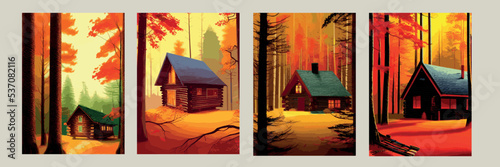 Autumn forest with wooden house on glade. Vector cartoon illustration of deep woods landscape with forester hut, grass and orange trees. Fall scene with cottage