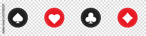 Hearts diamonds clubs spades sign realistic chips. Playing card suit symbols. Vector illustration card sign on transparent background. Icon for mobile app or web site.