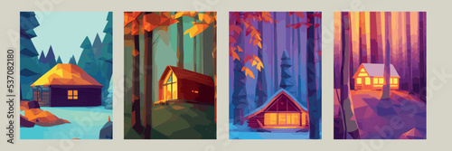 Autumn forest with wooden house on glade. Vector cartoon illustration of deep woods landscape with forester hut, grass and orange trees. Fall scene with cottage