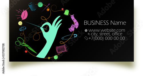 Unique business card for tailor and seamstress. Needle and thread in hand. Sewing tools and