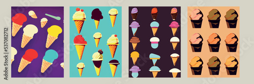 A set of delicious ice cream. Sweet summer treat sundaes, prefabricated insulated ice cream cones and popsicles with different fillings. Vector illustration for web, design, printing.