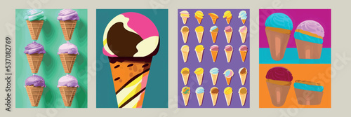 A set of delicious ice cream. Sweet summer treat sundaes, prefabricated insulated ice cream cones and popsicles with different fillings. Vector illustration for web, design, printing.
