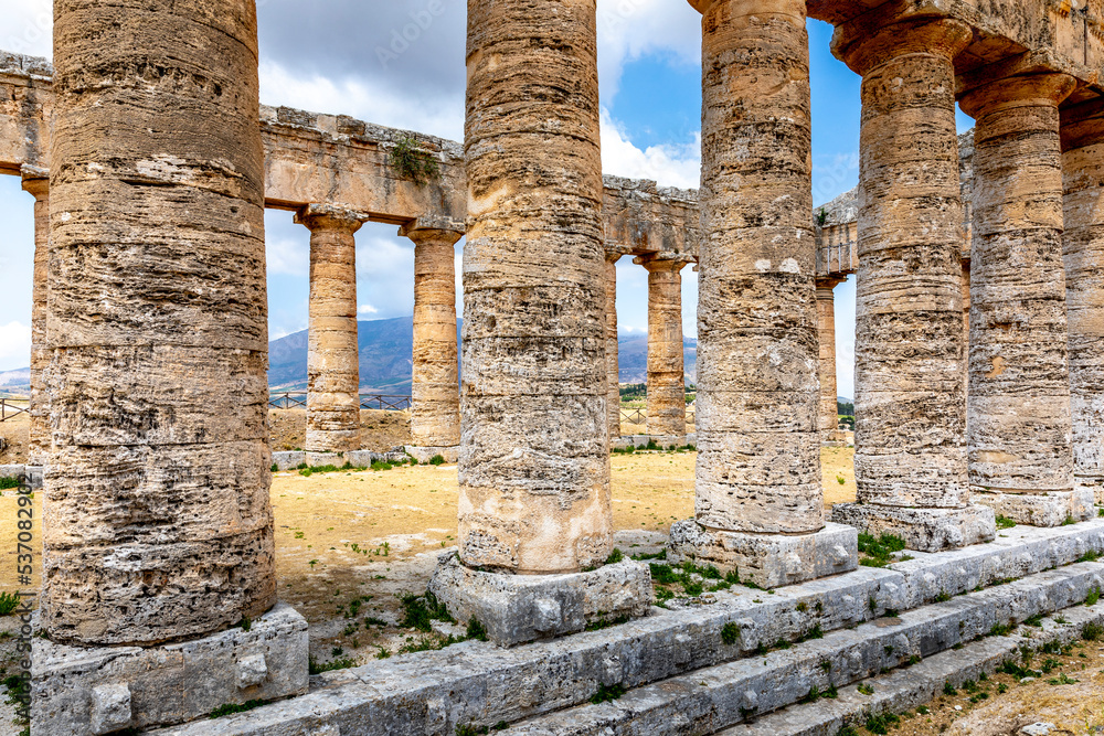 Calatafimi-Segesta, Sicily, Italy - July 9, 2020: Doric Temple and landscape of Segesta in Sicily, Italy