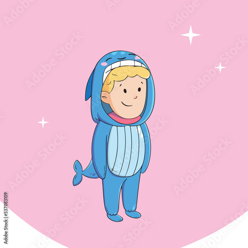 Boy in a whale costume. Happy kid wearing in animal costume. cartoon vector illustration