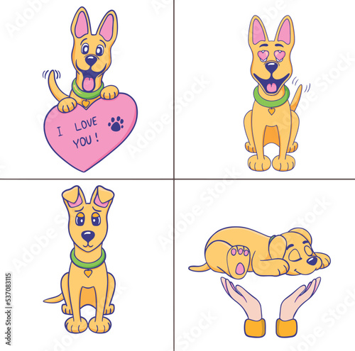 Set of stickers dog, different emotions. Cute doggy vector collection