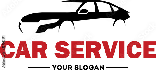 Logo for a car workshop or car service in the form of a silhouette of a car and an inscription from below. Isolated on white background