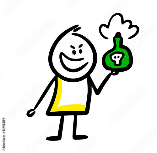 Cunning face man with the bottle of poison in his hand.