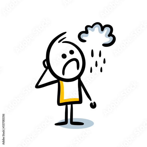 Cute funny character looking on the cloud with the rain drops in the sky.