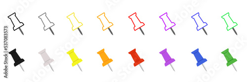 pushpins icon . Push pins, thumbtack for notice attaching. Stationery. Vector.