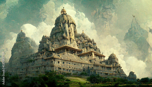AI generated image of an ancient white marble Hindu temple in the Himalayas photo