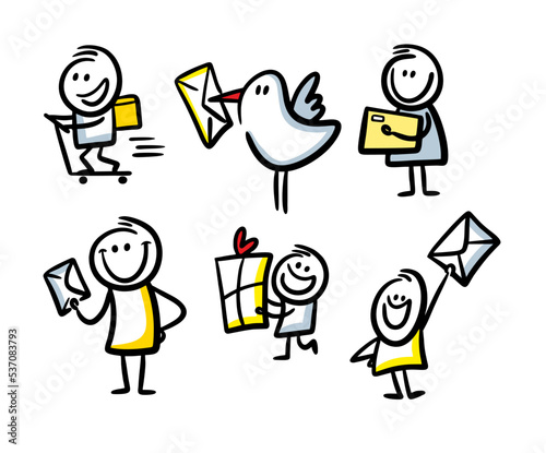 Collection of delivery characters hand drawn in doodle sketch style.
