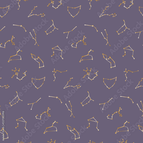 Seamless pattern of the constellations of the Zodiac in gold color. Horoscope on a dark background. Astrological vector illustration for design.