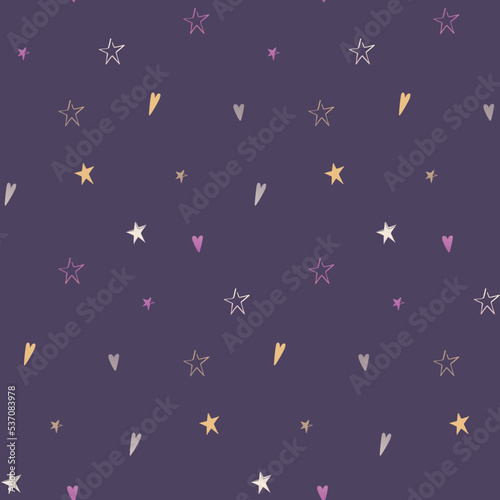 Seamless pattern with colorful stars and hearts on a dark background. Vector seamless background. template design. space background. Light seamless pattern.