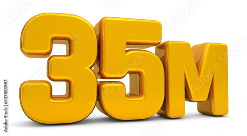 Golden 35M isolated on white background. 35M 3d. Thank you for 35 Million followers 3D gold. 3D rendering photo