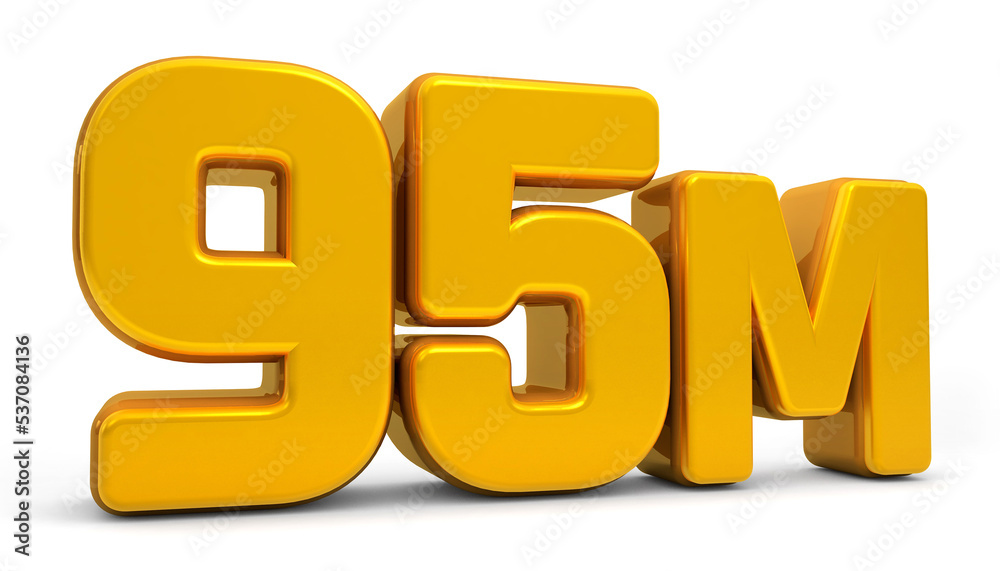 Golden 95M isolated on white background. 95M 3d. Thank you for 95 Million followers 3D gold. 3D rendering