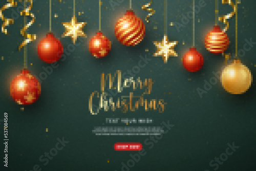 Merry Christmas composition 3D realistic golden ribbon decoration bauble ball and star ornaments