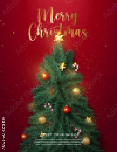 Merry Christmas composition 3D realistic pine fir tree candy cane and decoration bauble ball star ornaments