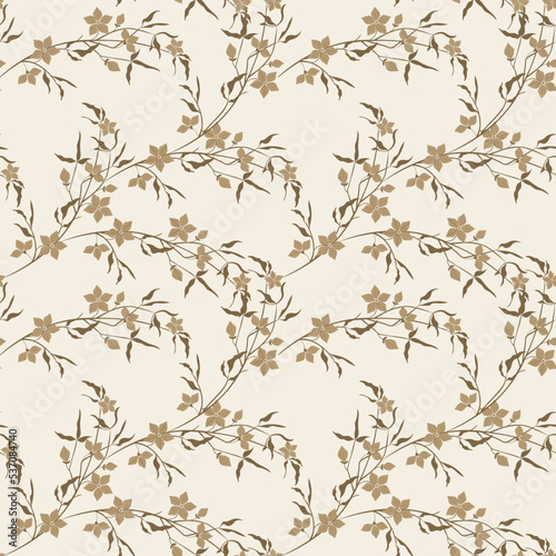 Cute vector pattern.  Floral seamless texture. Abstract pastel background with simple  brown flowers pinstripe and  leaves. Subtle ornament. Elegant repeat design for decor, fabric, print, wallpapers