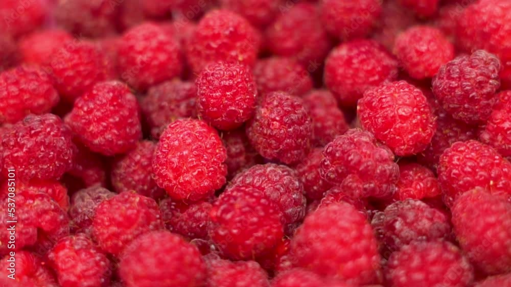 Raspberries, Berries, Close-up, Spin. Ripe Red Raspberry Summer Berries. Vitamin Food, Raspberry Background. Healthy Vegetarian Food. Raspberries, Berries, Close-up, Spin. Ripe Red Raspberry Summer Berries. Vitamin Food, Raspberry Background. Healthy Vegetarian Food.