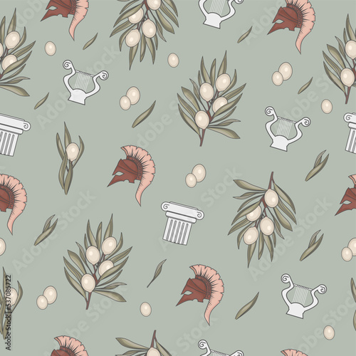 mythology, greek seamless pattern, ornament with olive branches, harp, antique column and helmet of the goddess Athena, ancient god, Rome, print for fabric and stationery, mythical style vector