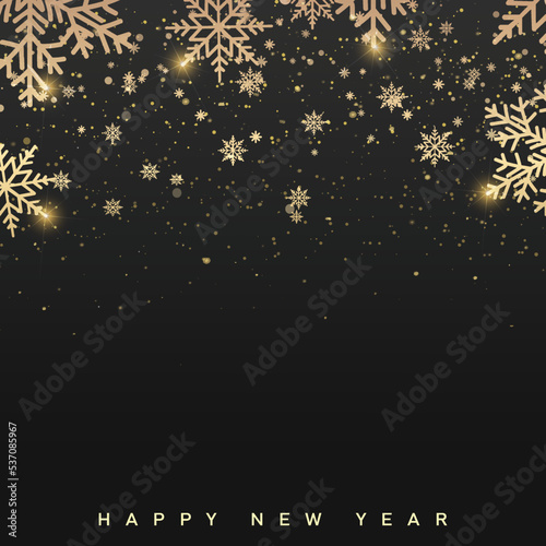 Happy New Year and Merry Christmas card with falling golden snowflakes. Vector