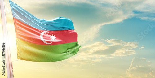 Azerbaijan national flag cloth fabric waving on the sky - Image photo