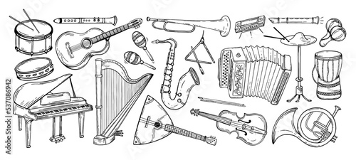 Photo Large set musical instruments hand drawn style