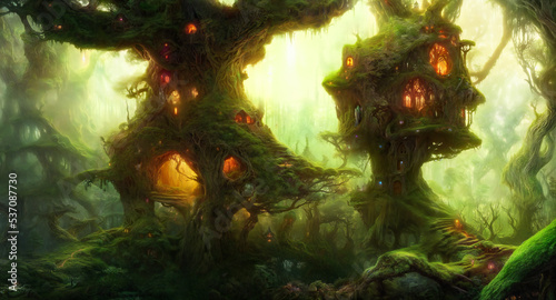 fairy tree house in a fantasy forest, beautiful fairy-tale home