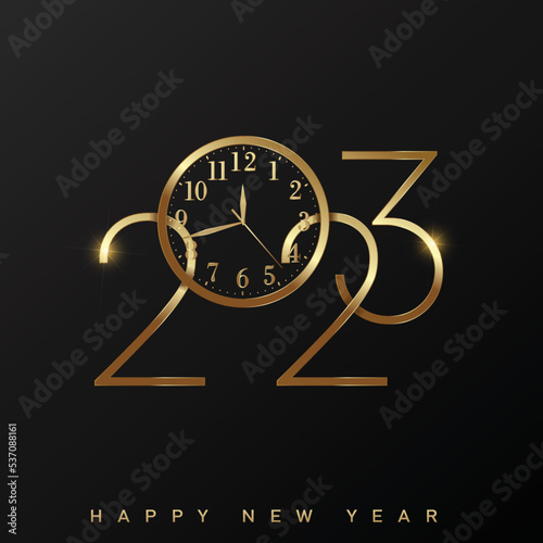 2023 Happy New Year and Merry Christmas card with golden clock. Vector