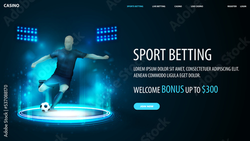 Sports betting, blue banner with soccer player inside blue portal made of digital rings in dark empty scene