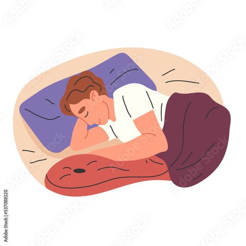 Sleeping man, lying relaxing asleep male character in bed with pillow and blanket flat png illustration