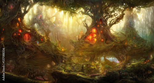 fairy tree houses in a fantasy forest, beautiful fairy-tale home